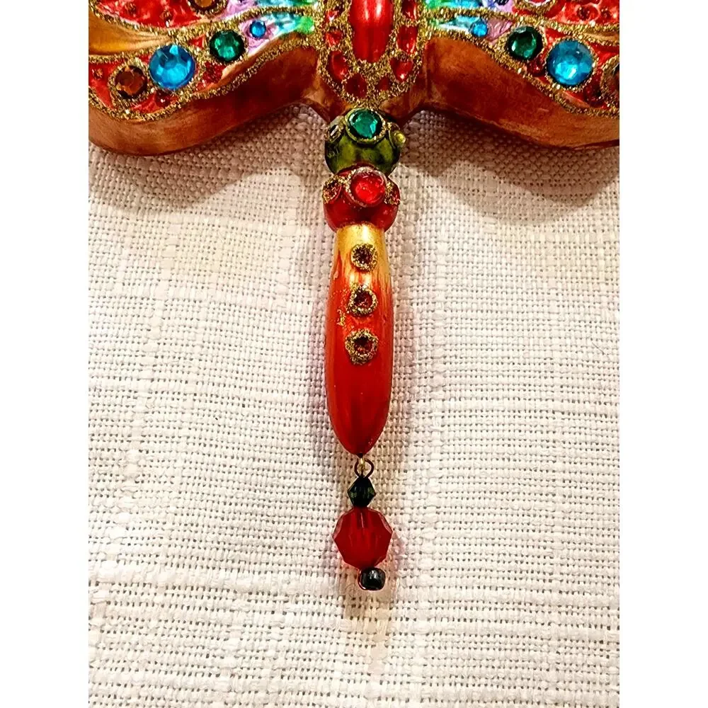 Jeweled Glass Dragonfly Christmas Ornament Rhinestone Mosaic Gold Iridescent